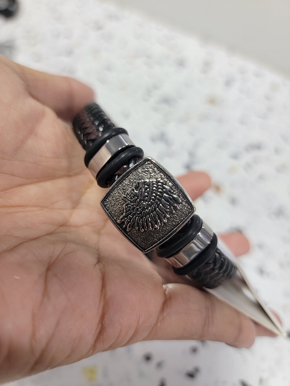 Black Braided Leather Bracelet with Metal Emblem